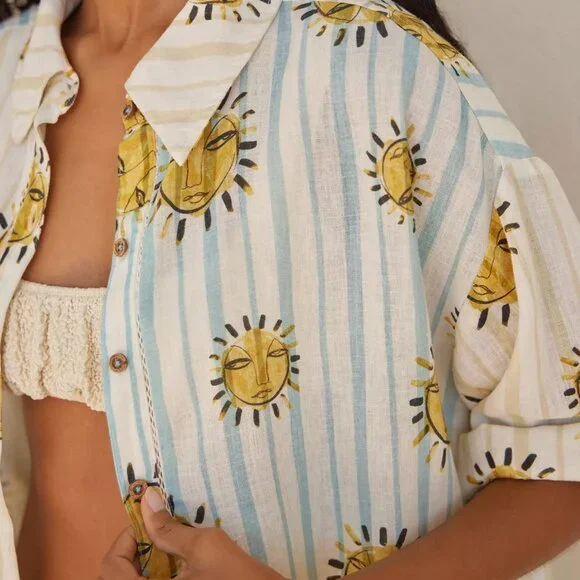 NWT Anthropologie X LouLou Avenue Buttondown Top Only Printed Shirt Size Medium - Picture 3 of 5